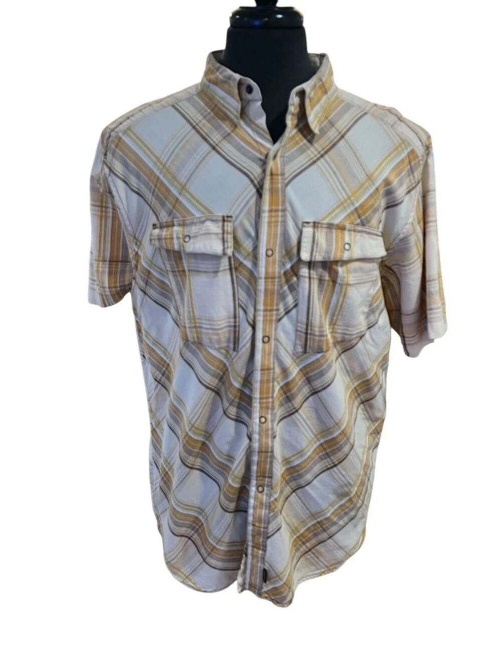 Size XL prAna Holstad Shirt Mens Yellow Plaid Short Sleeve Snap Western
